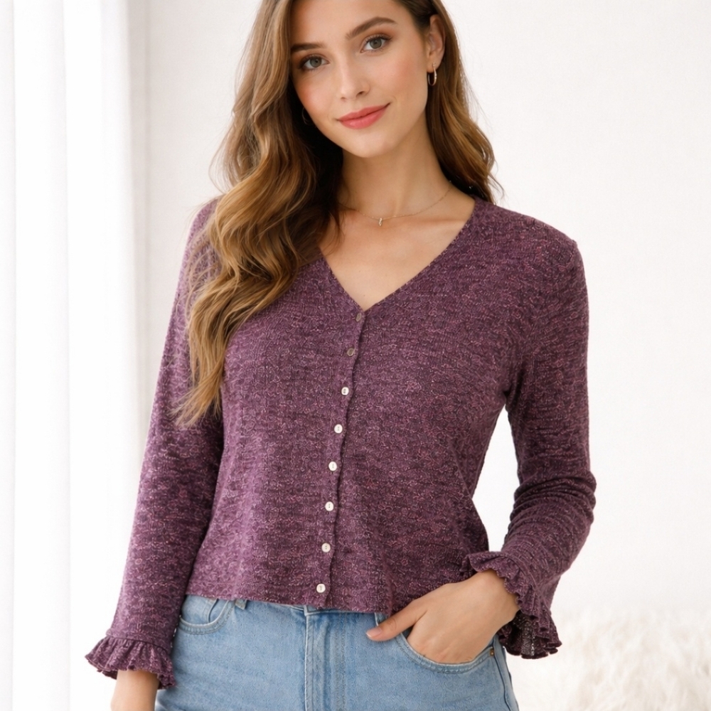 Vintage 90s J. Jill Wool Cardigan Purple Ditzy Floral Crop Sleeve Wmn's Size XS